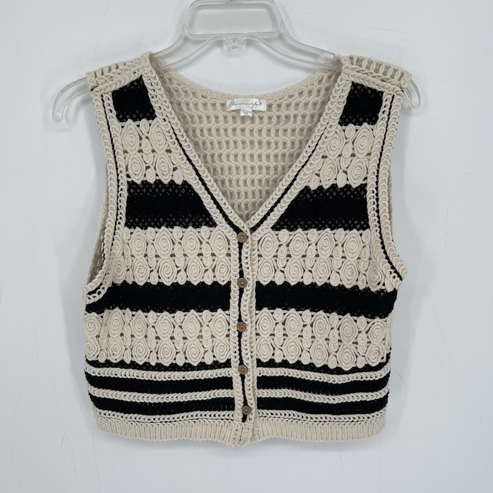 Line and Dot Women's Cream Black Crochet Knit Button Front Sweater Vest Size M/L